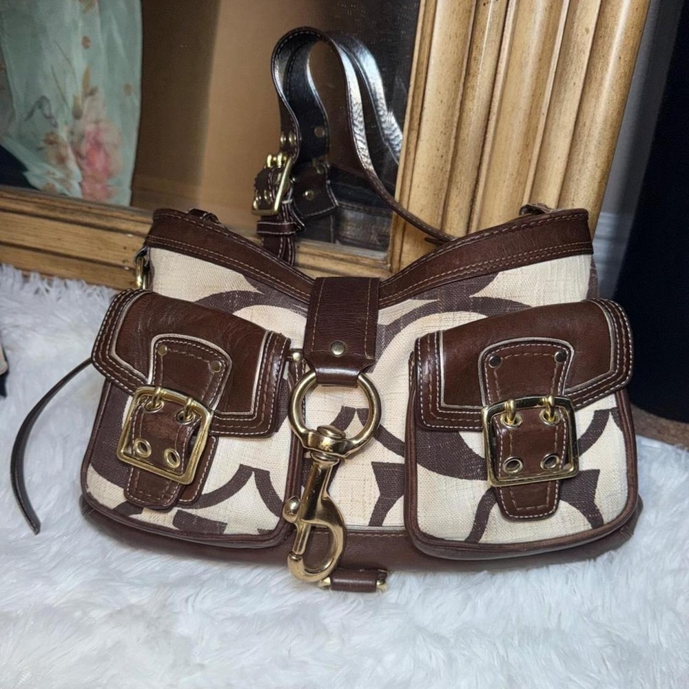 Vintage Coach Signature C Brown Leather Buckle Shoulder Bag Y2K